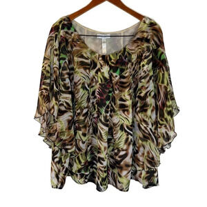 Dressbarn Blouse 18/20 Colorful Abstract Animal Print Flared Sleeves Pleated Top